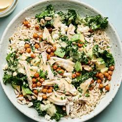 green veggie bowl with chicken & lemon tahini dressing Green Veggie Bowl with Chicken & Lemon-Tahini Dressing