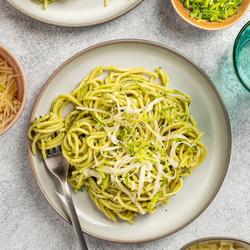 Zucchini Noodles with Avocado Pesto & Shrimp | Punchfork