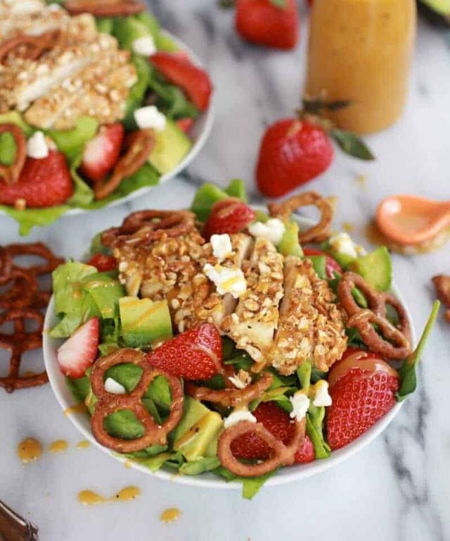 Honey Mustard Pretzel Crusted Chicken Salad with Spicy Honey Mustard Dressing